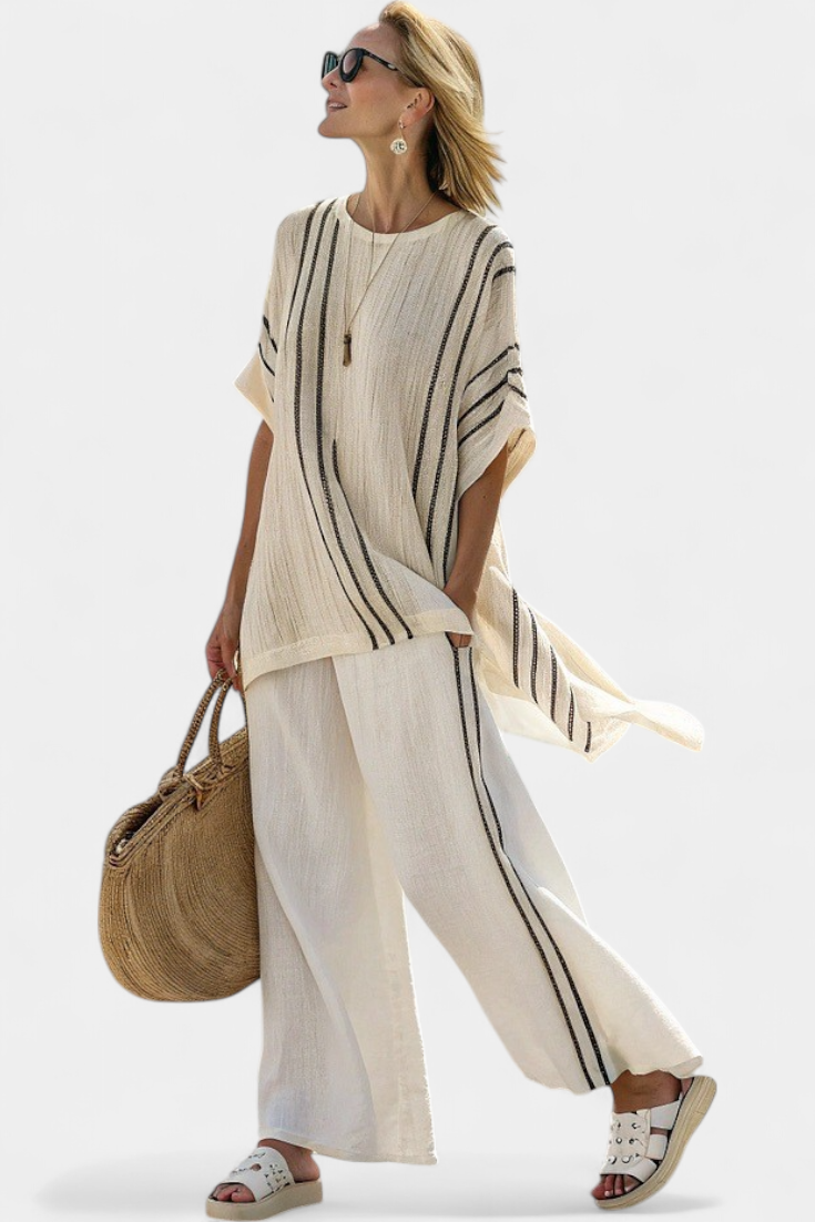 Raffaella | Ivory Linen Blouse and Striped Trousers Set