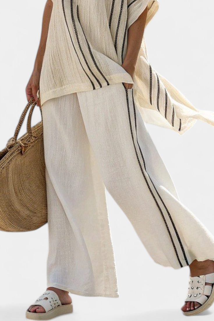 Raffaella | Ivory Linen Blouse and Striped Trousers Set