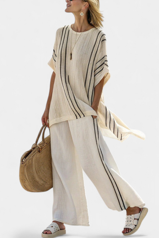 Raffaella | Ivory Linen Blouse and Striped Trousers Set