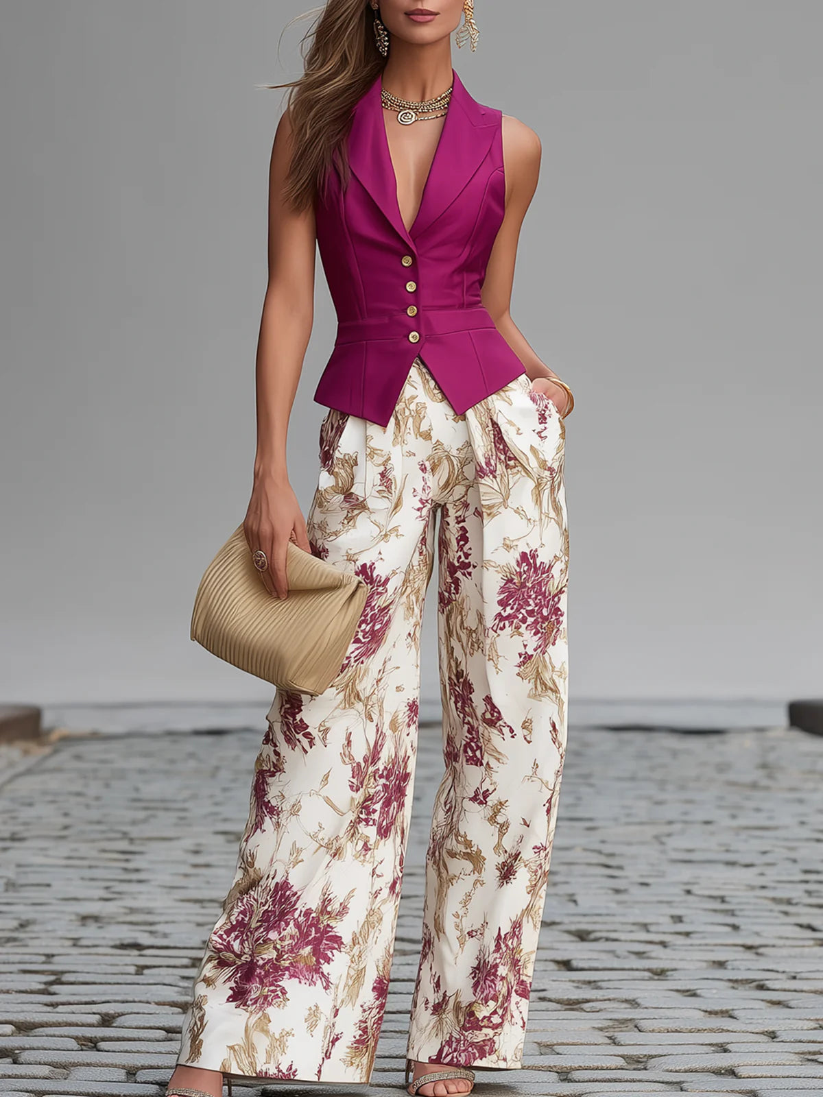 Floral Print Wide Leg Pants and Sleeveless Vest Set