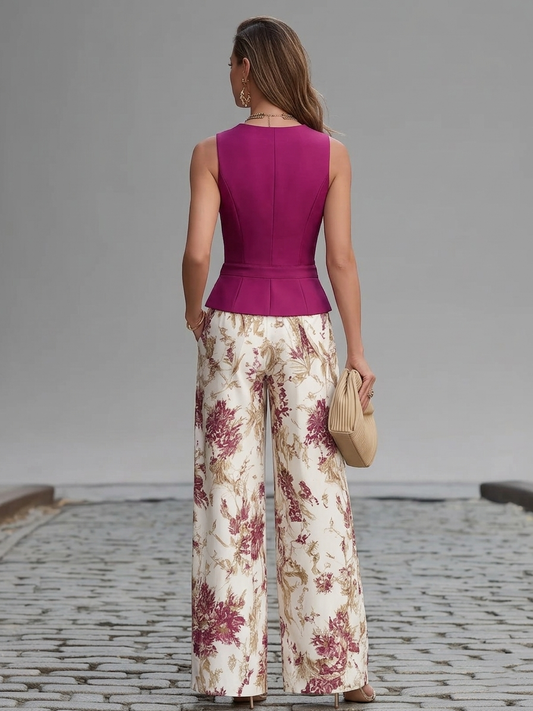 Maya | Spandex Blend Sleeveless Vest and Floral Print Wide-Leg Trousers Set