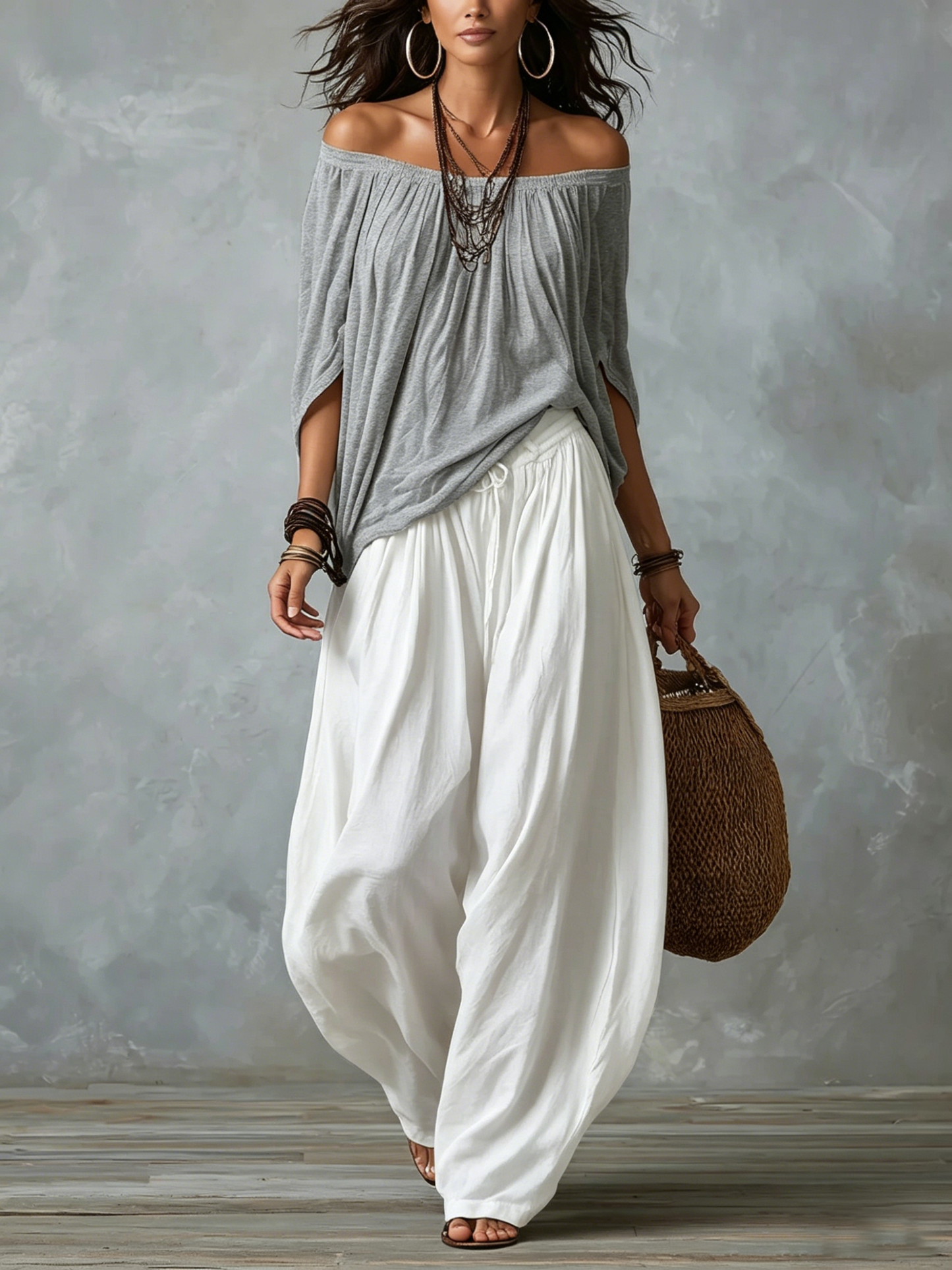 Off-the-Shoulder Top and Lantern Pants Set