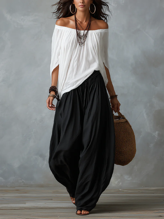 Off-the-Shoulder Top and Lantern Pants Set, Rayon Blend