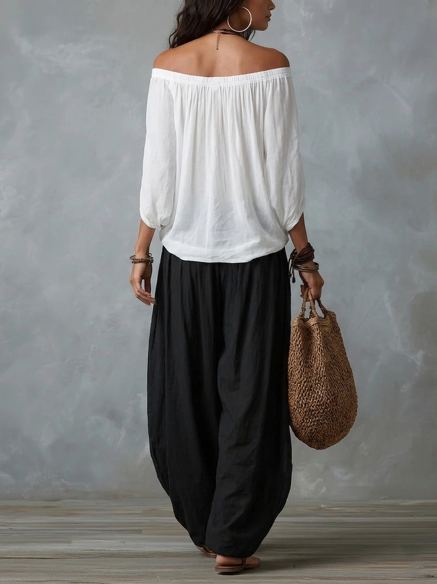 Off-the-Shoulder Top and Lantern Pants Set, Rayon Blend