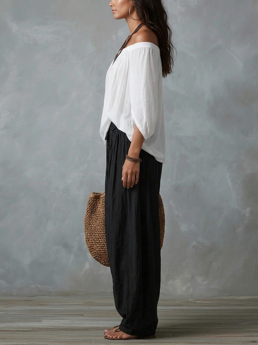 Off-the-Shoulder Top and Lantern Pants Set, Rayon Blend