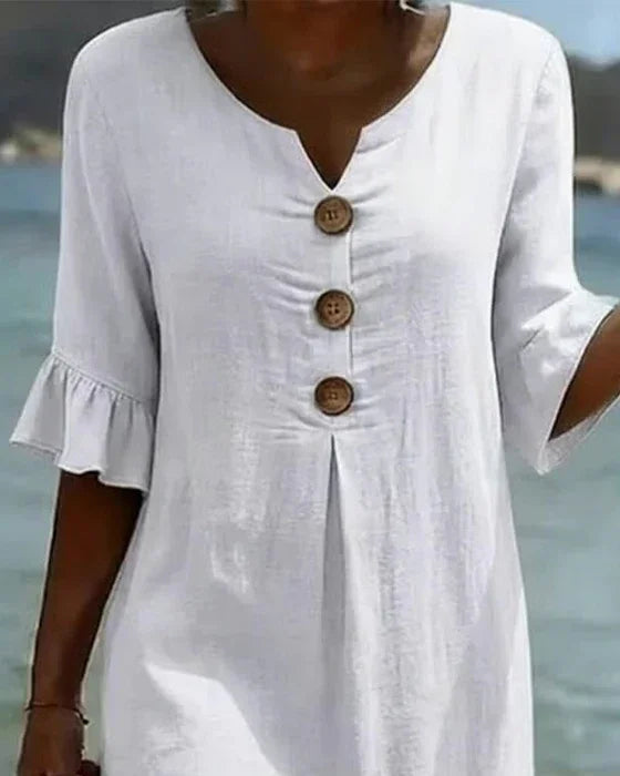 Vanesa | Linen Dress with Puffy Sleeves and Buttons