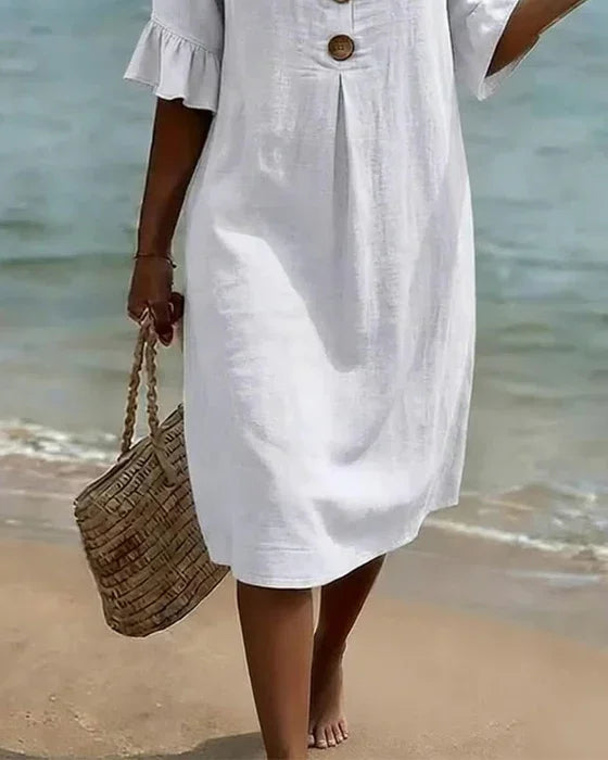 Vanesa | Linen Dress with Puffy Sleeves and Buttons