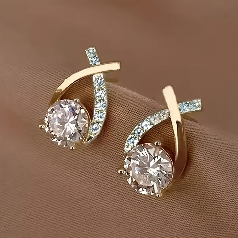 Gold Cross Stud Earrings with Zircons
