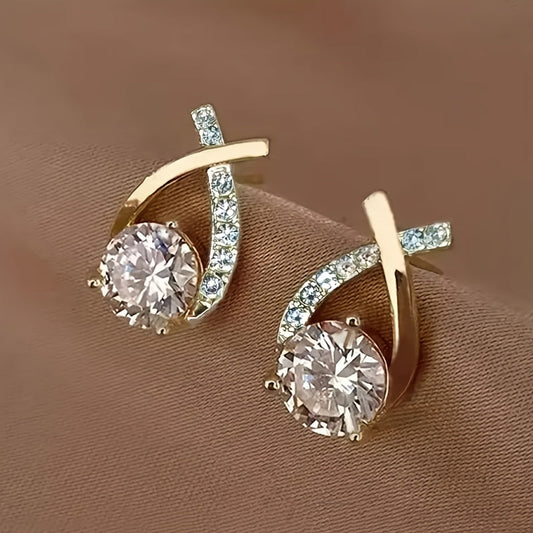 Gold Cross Stud Earrings with Zircons