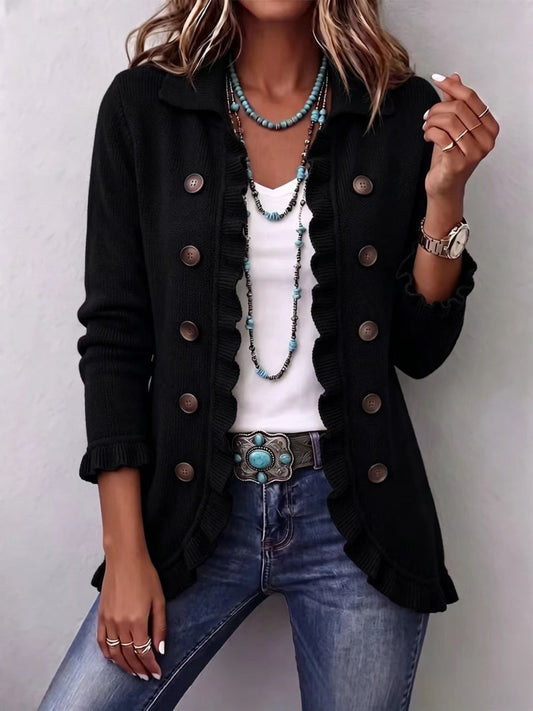 Zélie | Ribbed Knit Jacket in Intense Black with Ruffle Trim