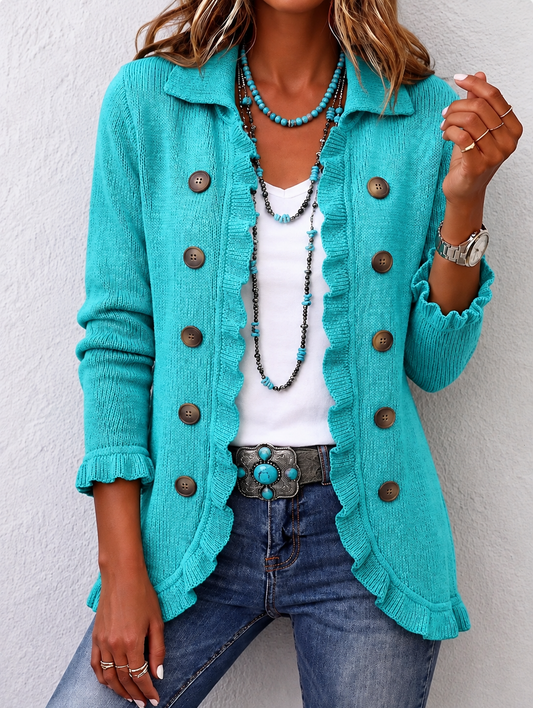 Sylvaine | Ribbed Knit Jacket in Turquoise with Ruffle Trim