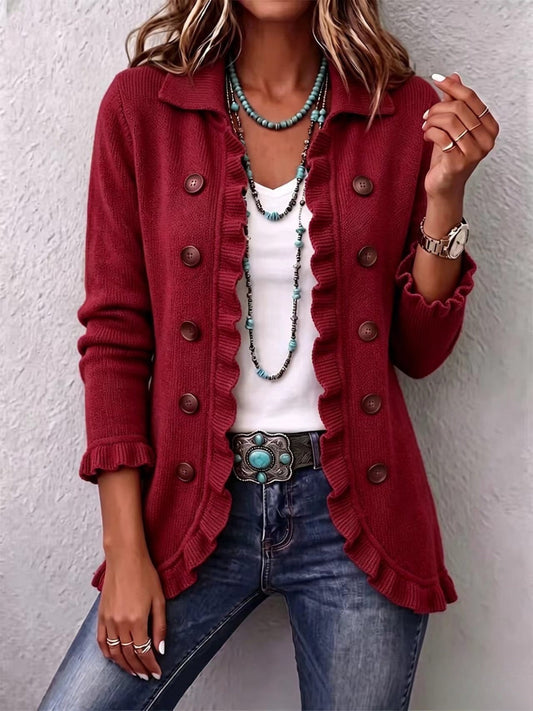 Marthe | Ribbed Knit Jacket in Ruby Red with Ruffle Trim