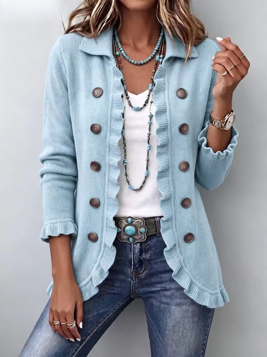 Perrine | Ribbed Knit Jacket in Powder Blue with Ruffle Trim