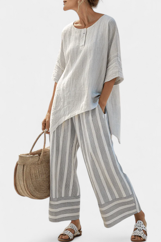 Fiorella | Elegant Asymmetric Blouse and Striped Trousers Set