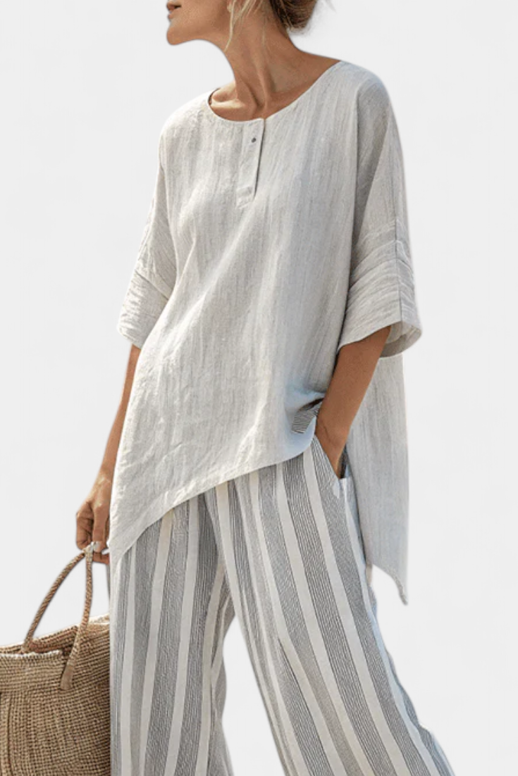 Fiorella | Elegant Asymmetric Blouse and Striped Trousers Set