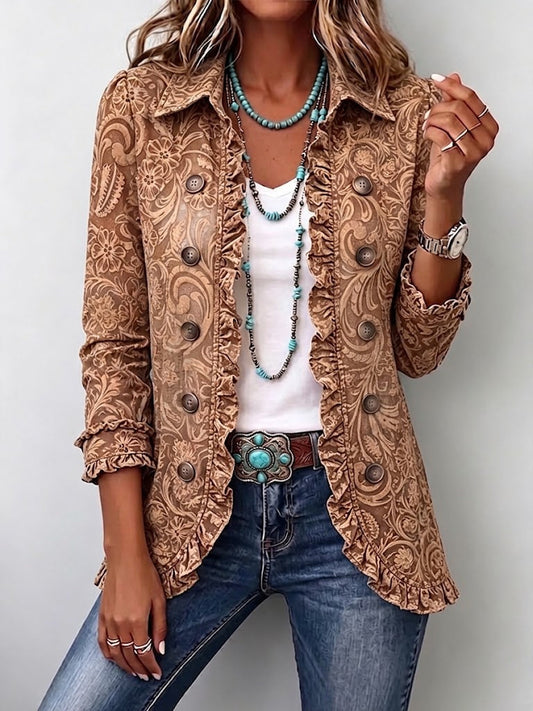 Noémie | Bohemian Vintage Floral Jacket in Brown with Ruffle Trim