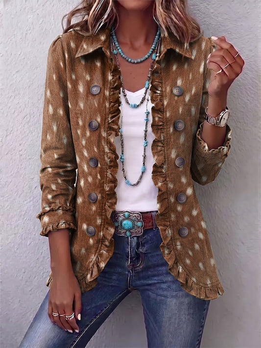 Hélène | Bohemian Brown Animal Print Jacket with Ruffle Trim