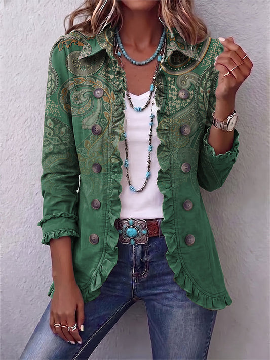 Cosette | Bohemian Green Paisley Jacket with Ruffle Trim