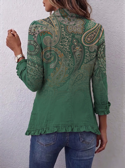 Cosette | Bohemian Green Paisley Jacket with Ruffle Trim
