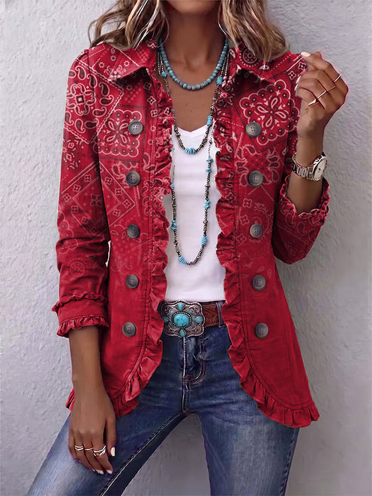 Gaëlle | Ombré Paisley Bohemian Jacket in Red with Ruffle Trim