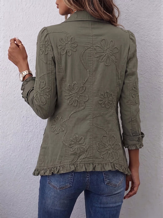 Alexandrine | Boho-Chic Retro Green Floral Embroidered Jacket with Ruffle Trim