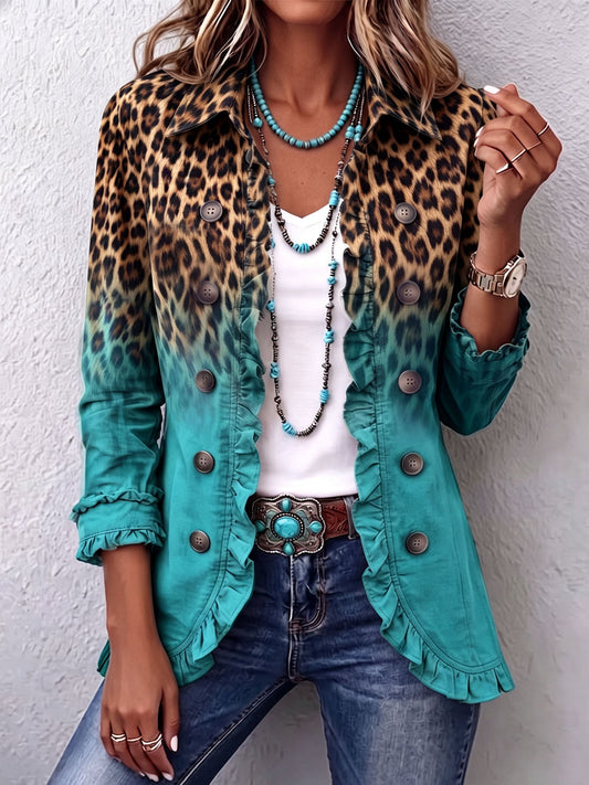 Béatrice | Ombré Leopard Print Blazer in Turquoise with Ruffle Trim