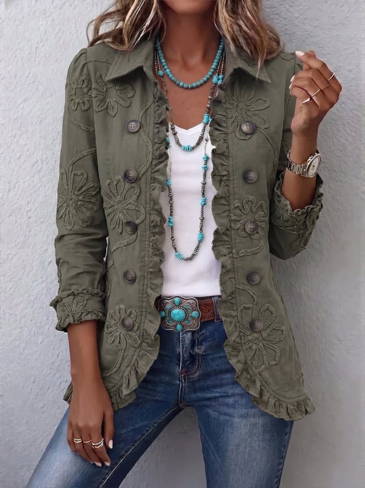 Alexandrine | Boho-Chic Retro Green Floral Embroidered Jacket with Ruffle Trim