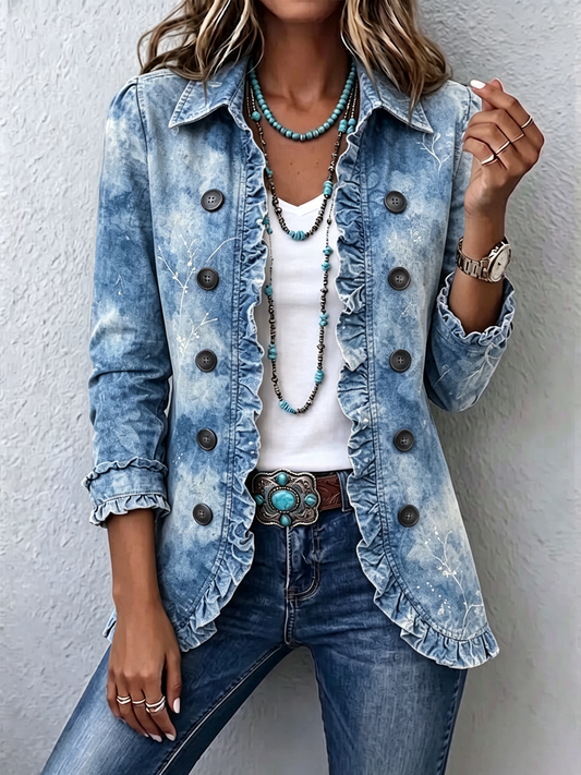 Guenièvre | Bohemian Vintage Ombré Botanical Jacket in Blue with Ruffle Trim