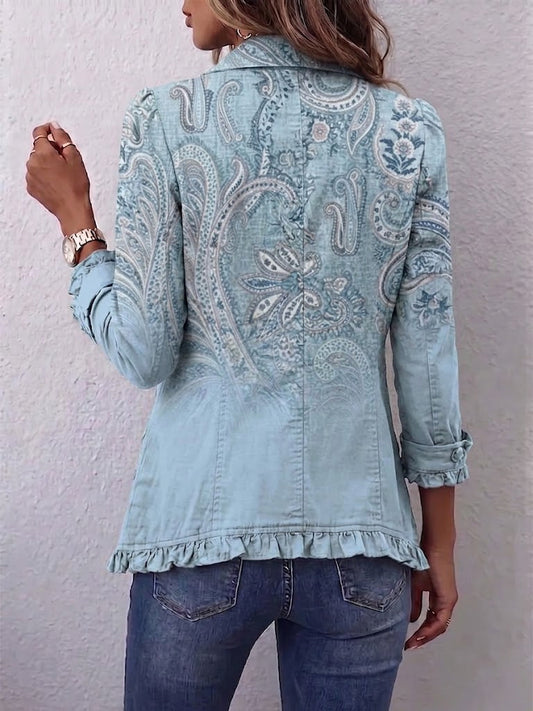 Émilie | Vintage Paisley Jacket in Sky Blue with Ruffle Trim