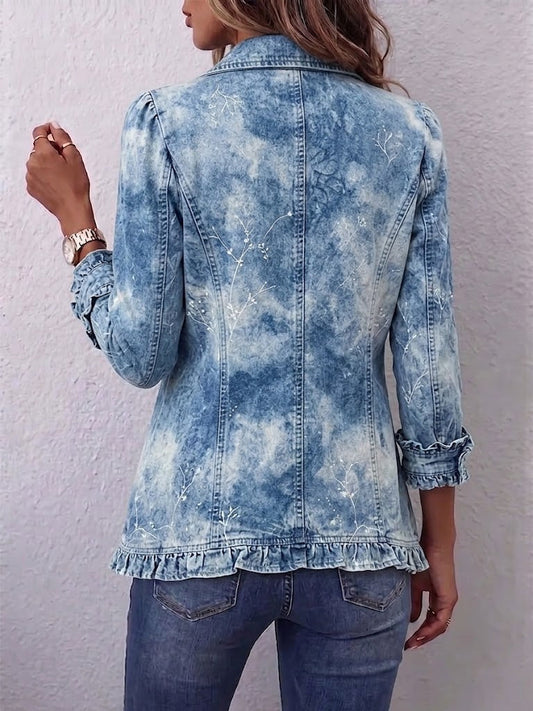 Guenièvre | Bohemian Vintage Ombré Botanical Jacket in Blue with Ruffle Trim