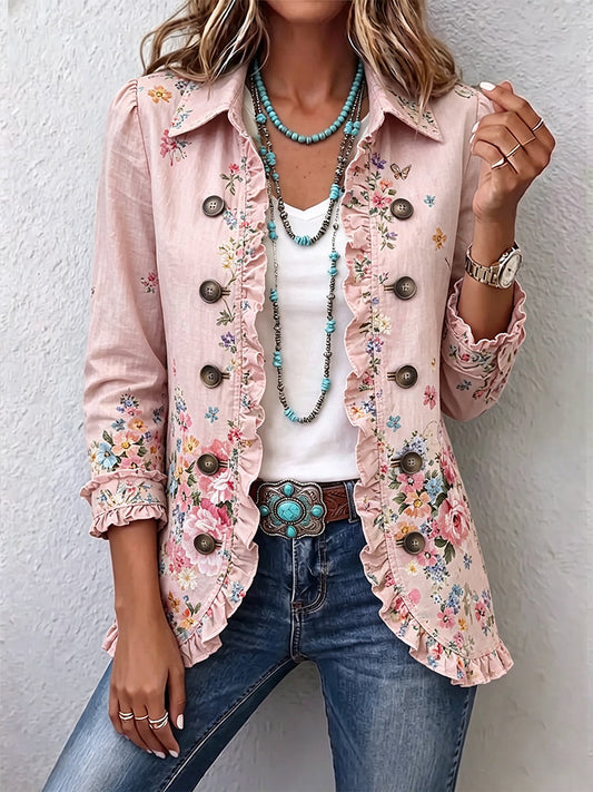 Martine | Pink Floral Jacket with Ruffle Trim and Buttons