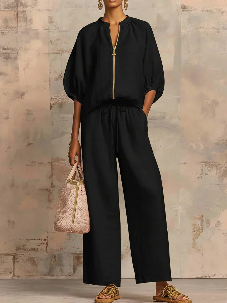 Alba | Two-Piece Casual Shirt and Wide-Leg Trousers Set