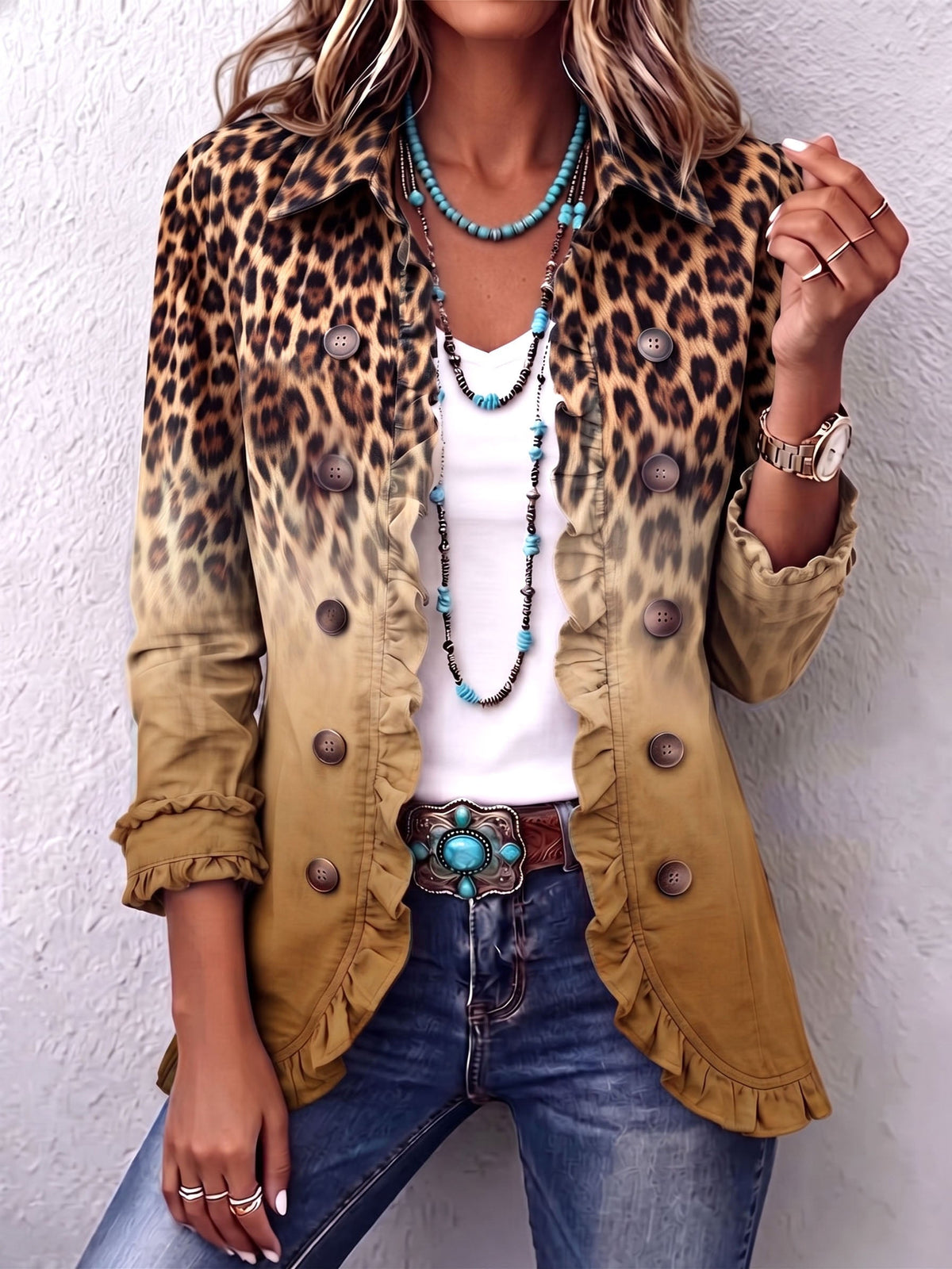 Paule | Ombré Leopard Print Blazer in Ochre with Ruffle Trim