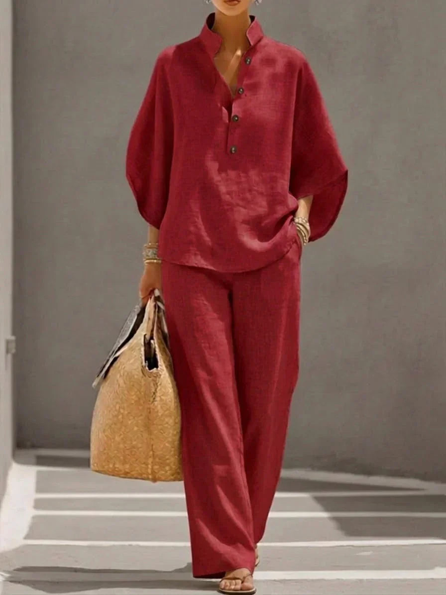 Maribel™ | Batwing Sleeve Blouse and Wide-Leg Trousers Set