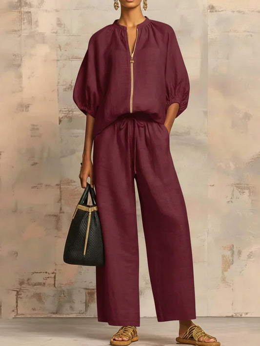 Alba | Two-Piece Casual Shirt and Wide-Leg Trousers Set