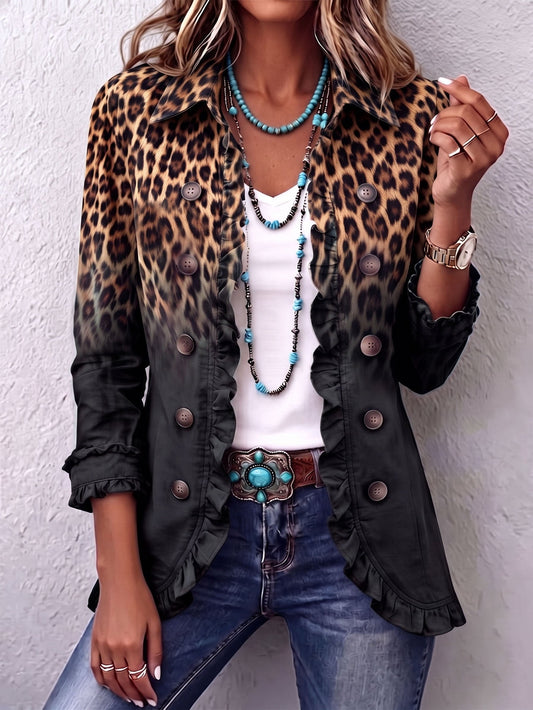 Valentine | Ombré Leopard Print Blazer in Anthracite with Ruffle Trim