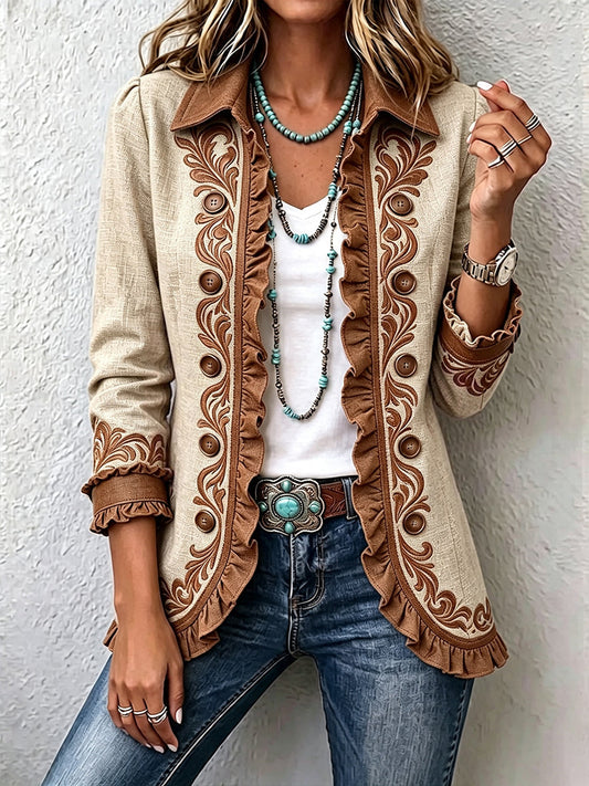 Octavie | Bohemian Vintage Floral Embroidered Jacket in Camel and Brown with Ruffle Trim