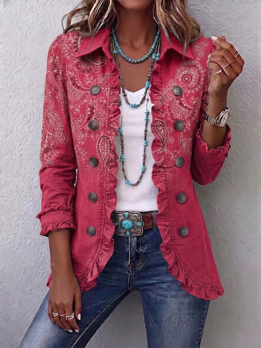 Iseult | Vintage Paisley Jacket in Antique Pink with Ruffle Trim