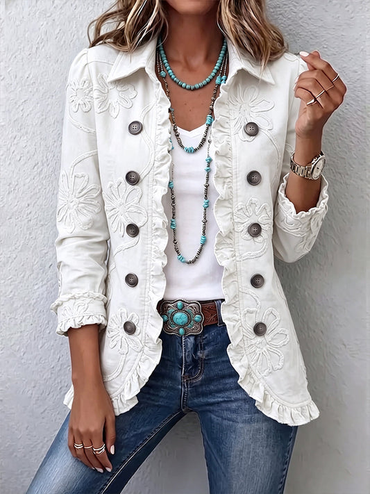 Camilla | Boho-Chic Ivory Floral Embroidered Jacket with Ruffle Trim