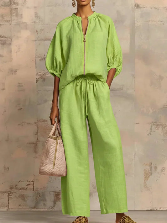 Alba | Two-Piece Casual Shirt and Wide-Leg Trousers Set