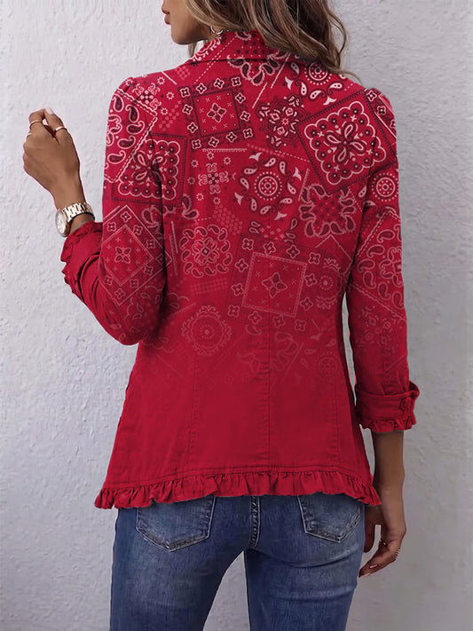 Gaëlle | Ombré Paisley Bohemian Jacket in Red with Ruffle Trim