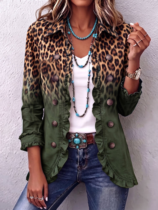 Louise | Ombré Leopard Print Blazer in Olive Green with Ruffle Trim