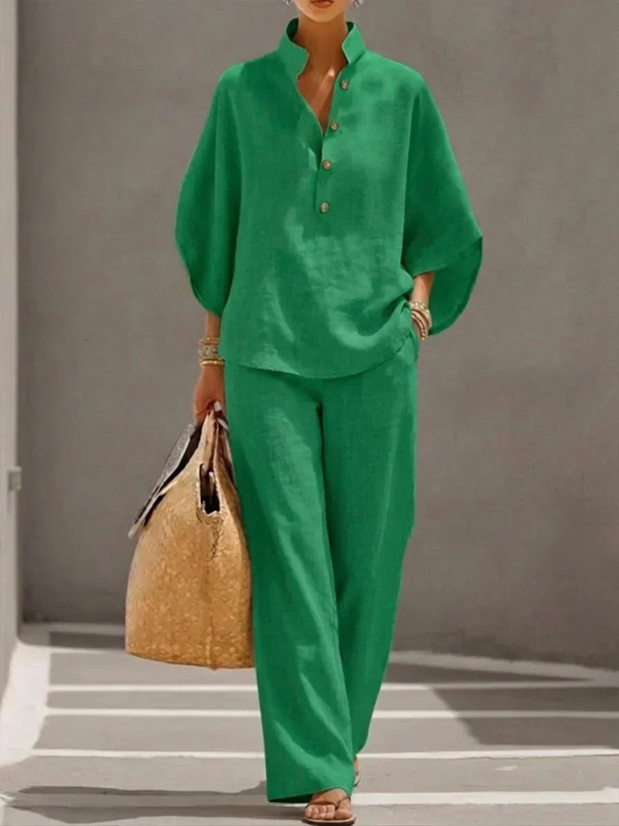 Maribel™ | Batwing Sleeve Blouse and Wide-Leg Trousers Set