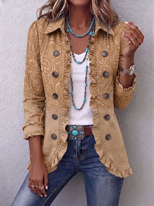 Claire | Textured Western Print Jacket in Khaki with Ruffle Trim