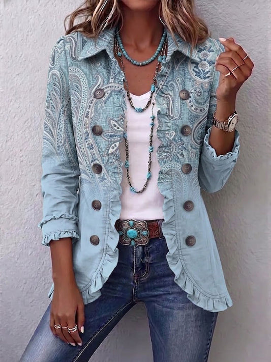 Émilie | Vintage Paisley Jacket in Sky Blue with Ruffle Trim