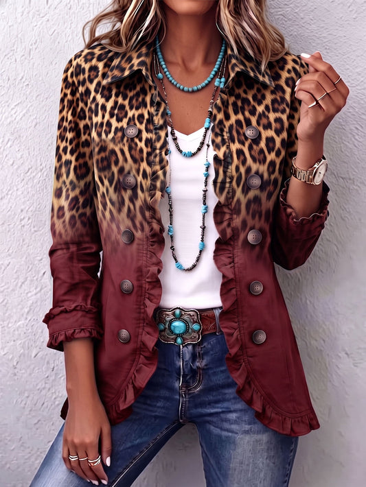 Olivia | Ombré Leopard Print Blazer in Wine with Ruffle Trim