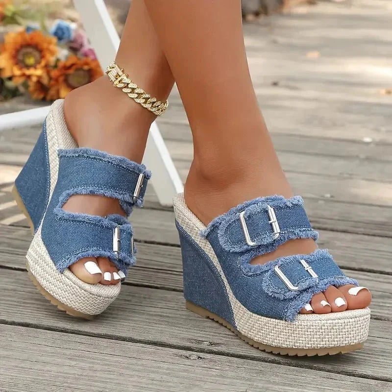 Zafira | Buckle Wedge Sandals with Denim Design