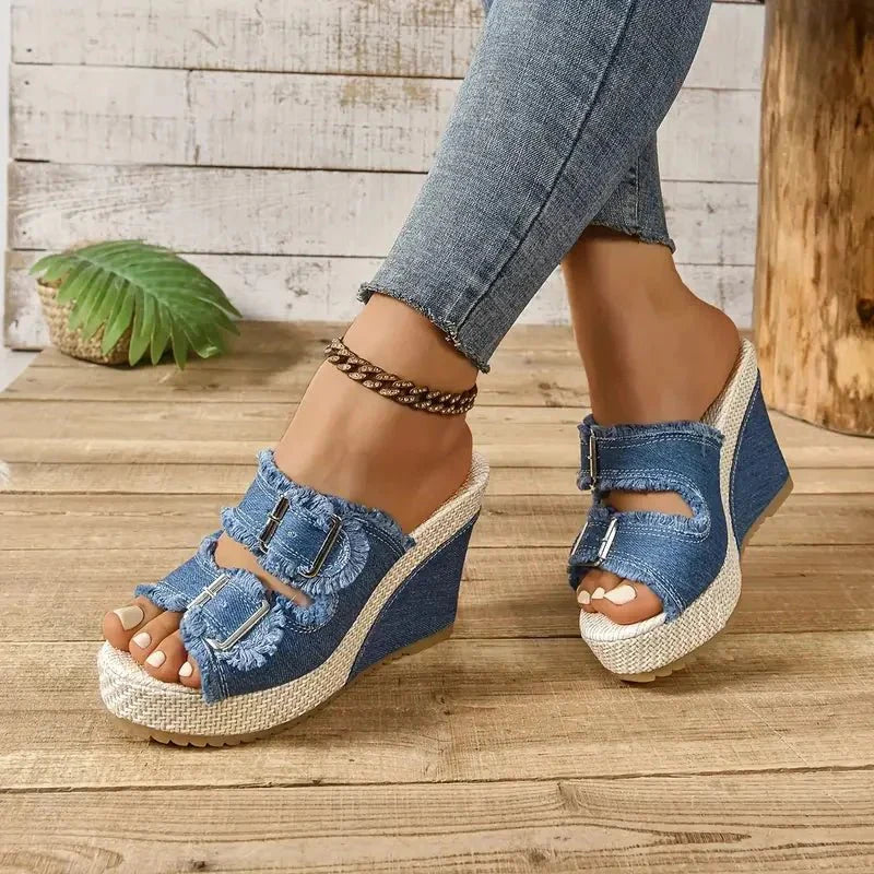 Zafira | Buckle Wedge Sandals with Denim Design