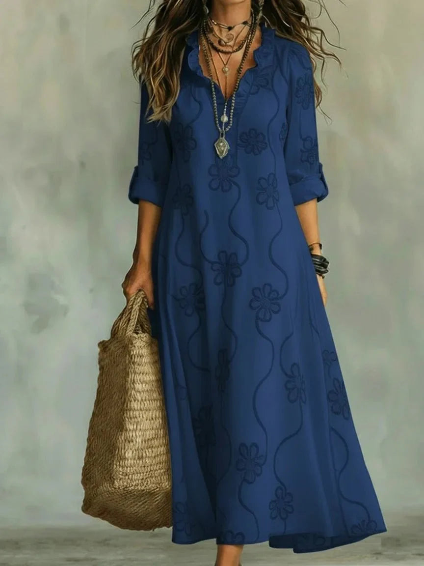 Sienna Floral Long Summer Dress - Navy Blue