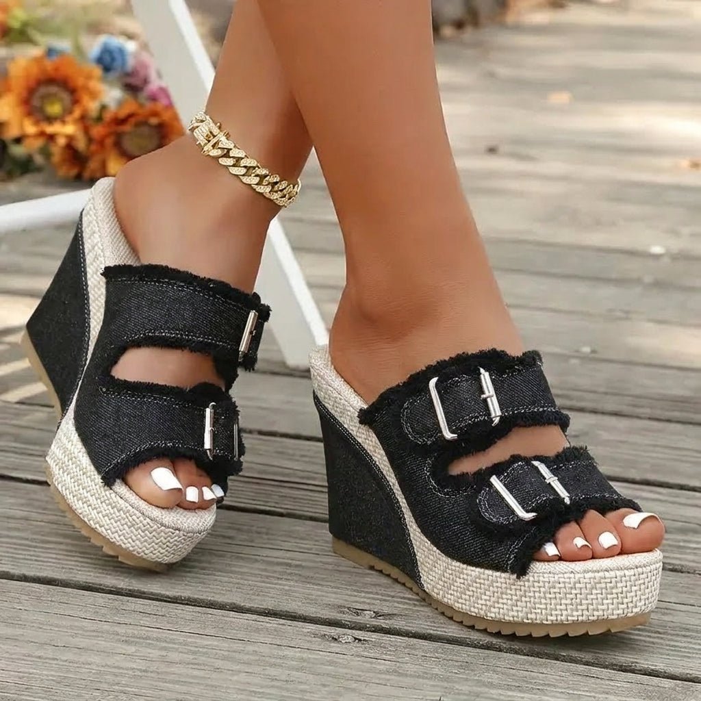 Zafira | Buckle Wedge Sandals with Denim Design